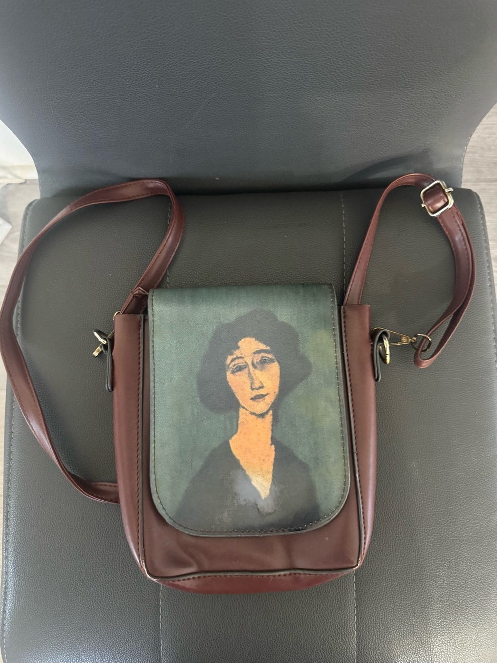 Women’s Brown Crossbody Bag with Artistic Portrait Panel